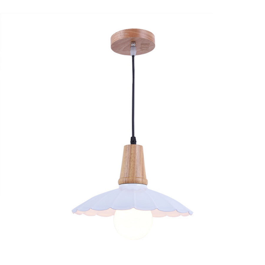 Suspension industrielle en métal festonné avec capuchon en bois - Blanc/noir
