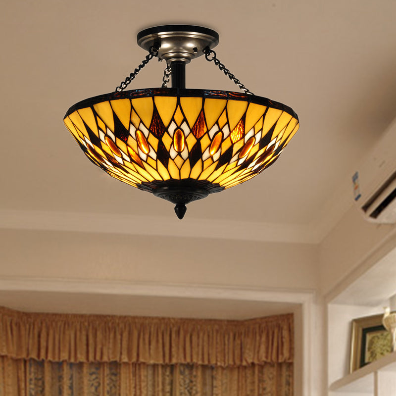 Tiffany Vintage Stained Glass Inverted Chandelier - Yellow Hanging Light for Dining Room