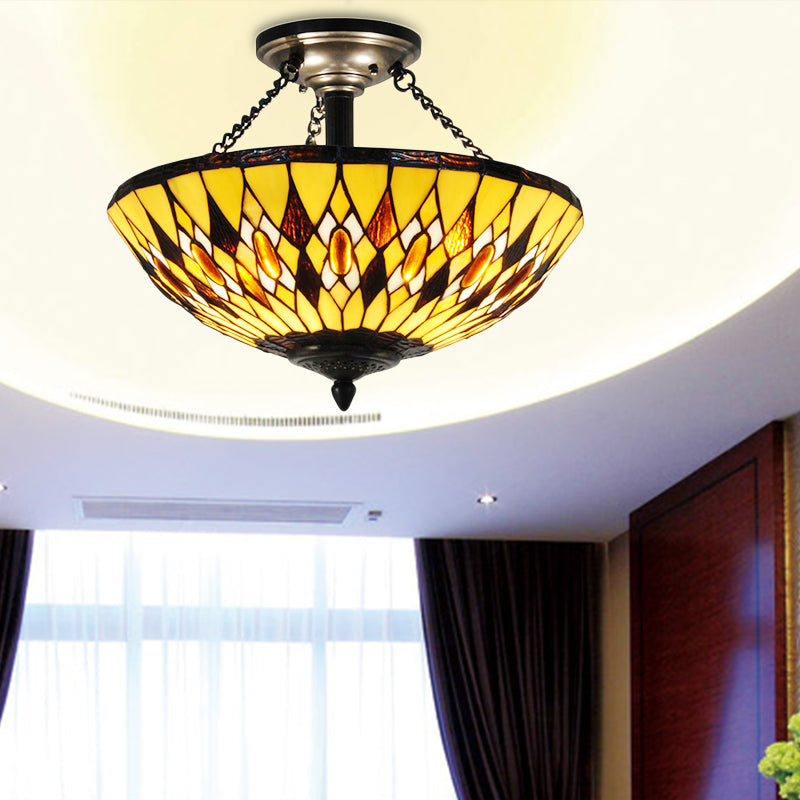 Tiffany Vintage Stained Glass Inverted Chandelier - Yellow Hanging Light For Dining Room