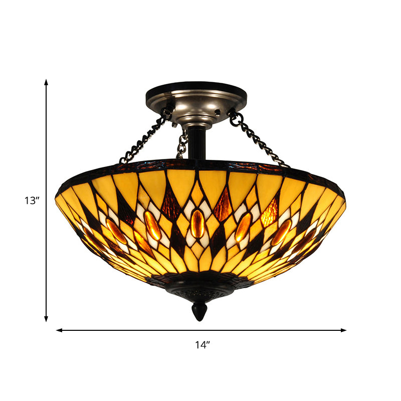 Tiffany Vintage Stained Glass Inverted Chandelier - Yellow Hanging Light For Dining Room