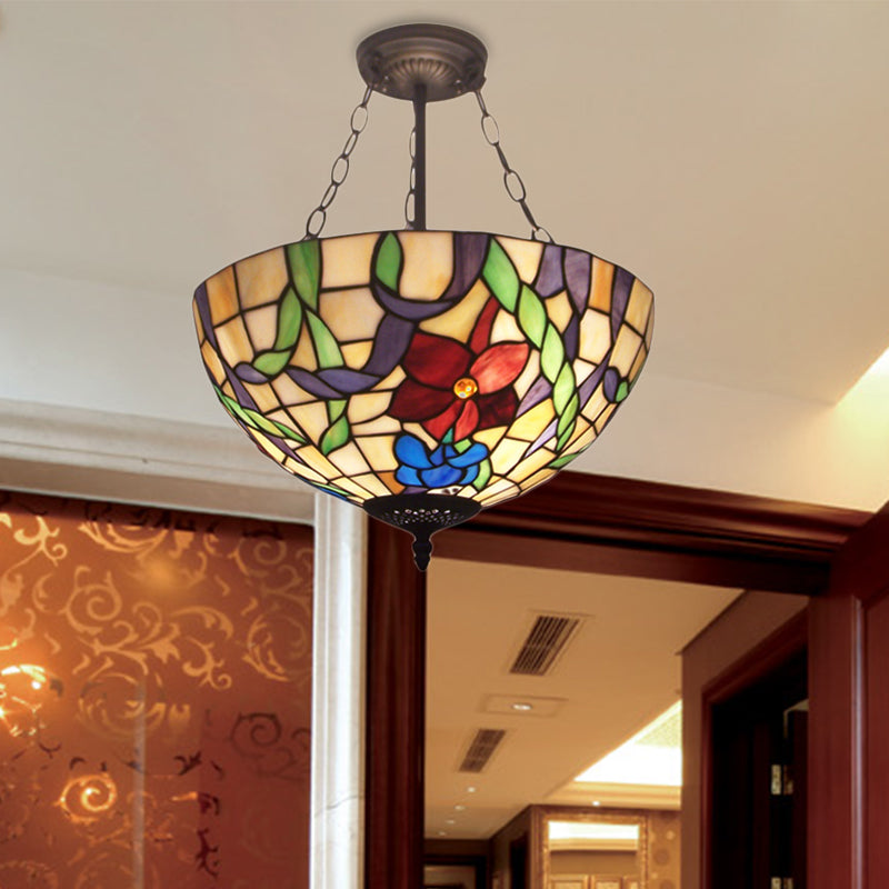 Lustre en vitrail rustique Tiffany à fleurs pour hall d'entrée avec suspension à bol inversé