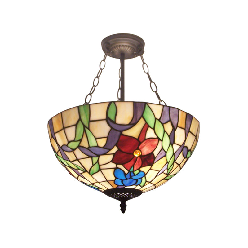 Lustre en vitrail rustique Tiffany à fleurs pour hall d'entrée avec suspension à bol inversé