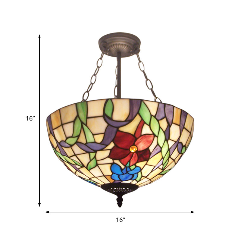 Lustre en vitrail rustique Tiffany à fleurs pour hall d'entrée avec suspension à bol inversé