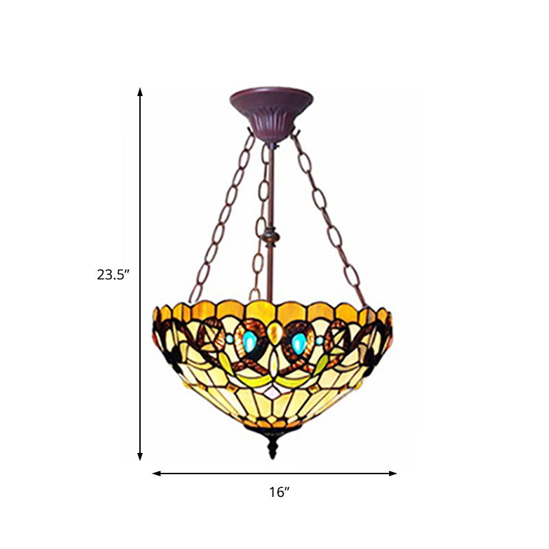 Lustre de chambre à coucher en verre teinté inversé de style Tiffany en jaune par Victoria Design