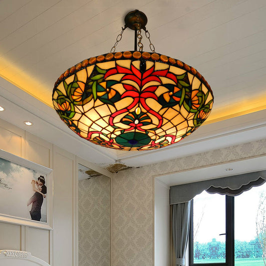 Lustre en bronze antique de style Tiffany : lampe suspendue en forme de bol peu profond en verre teinté | Parfait pour un magasin de vêtements