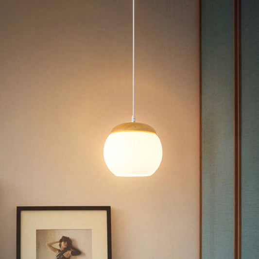 Milky Glass Sphere Pendant Light for Bedside with Wood Accent