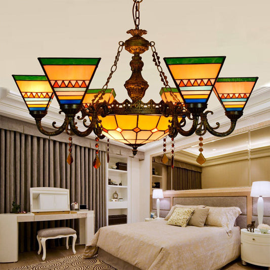 Vintage Craftsman Chandelier with Agate Stained Glass and Tiffany Style in Orange-Green for Living Room