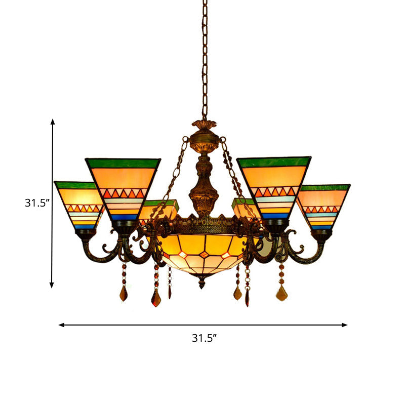 Vintage Agate Stained Glass Chandelier: Craftsman Living Room Hanging Light In Orange-Green