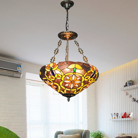 Tiffany Stained Glass Chandelier with Flower Design - Brown/Pink: Perfect for Cafes