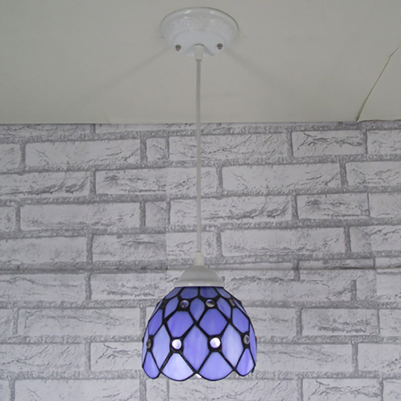 Tiffany Cut Glass Hanging Light Fixture for Bedroom - Beige/Light Blue/Dark Blue