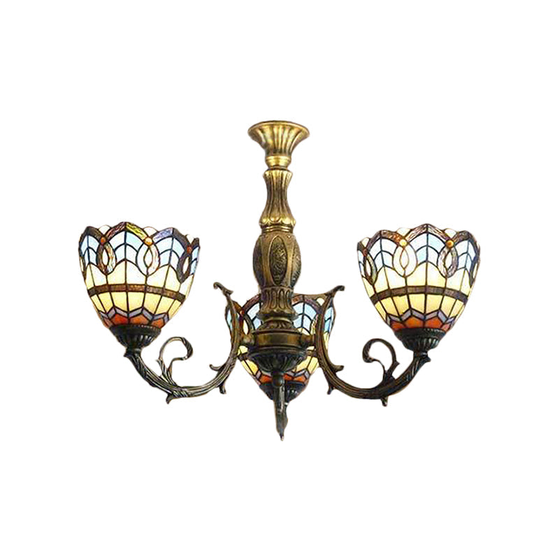 Lustre en forme de dôme en verre teinté en laiton - Style baroque Tiffany, luminaire suspendu à 3 lumières pour salle à manger