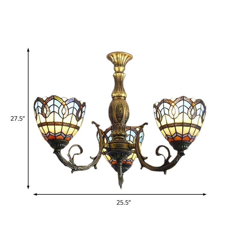 Lustre en forme de dôme en verre teinté en laiton - Style baroque Tiffany, luminaire suspendu à 3 lumières pour salle à manger