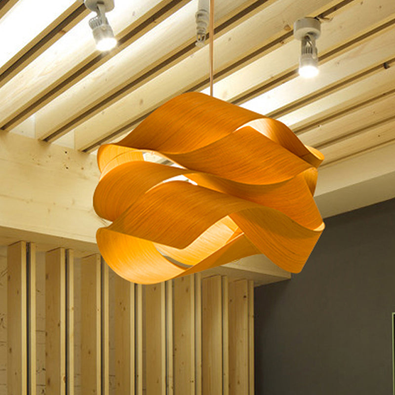 Contemporary Wooden Pendant Lamp - 1 Light, Beige - 18"/23.5" Width - Living Room Hanging Light