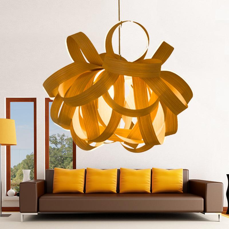 Contemporary Wooden Pendant Lamp - 1 Light, Beige - 18"/23.5" Width - Living Room Hanging Light