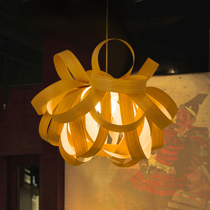 Contemporary Wooden Pendant Lamp - 1 Light, Beige - 18"/23.5" Width - Living Room Hanging Light