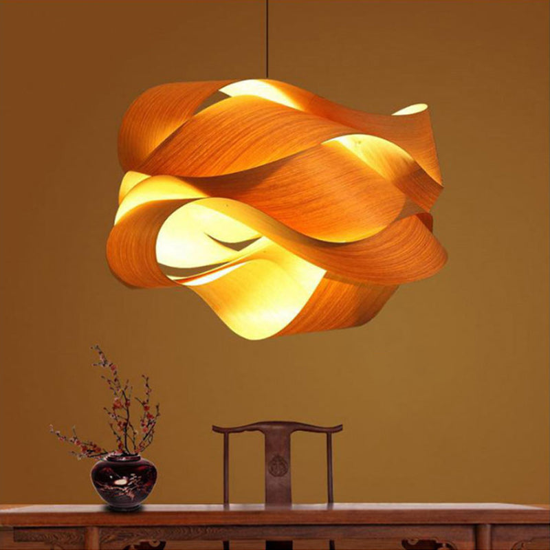 Contemporary Wooden Pendant Lamp - 1 Light, Beige - 18"/23.5" Width - Living Room Hanging Light
