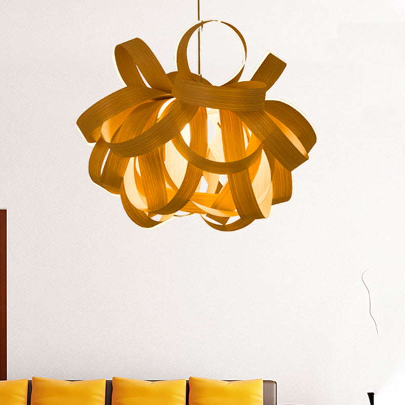 Contemporary Wooden Pendant Lamp - 1 Light, Beige - 18"/23.5" Width - Living Room Hanging Light