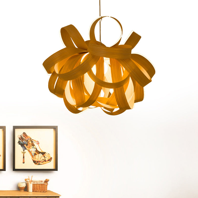 Contemporary Wooden Pendant Lamp - 1 Light, Beige - 18"/23.5" Width - Living Room Hanging Light