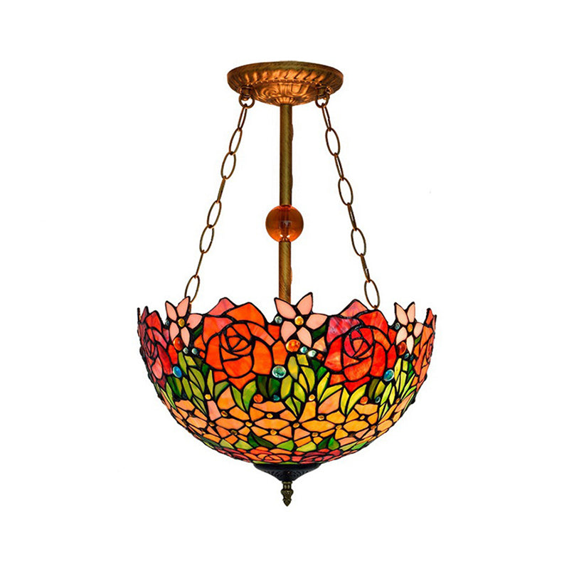 Plafonnier en vitrail à fleurs rustiques en orange-rouge par Tiffany