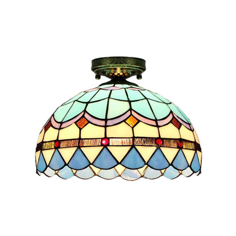 Plafonnier encastré en vitrail de style Tiffany avec motif de bol festonné