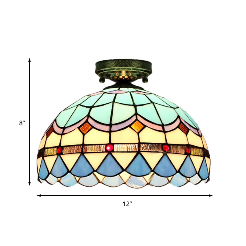 Plafonnier encastré en vitrail de style Tiffany avec motif de bol festonné