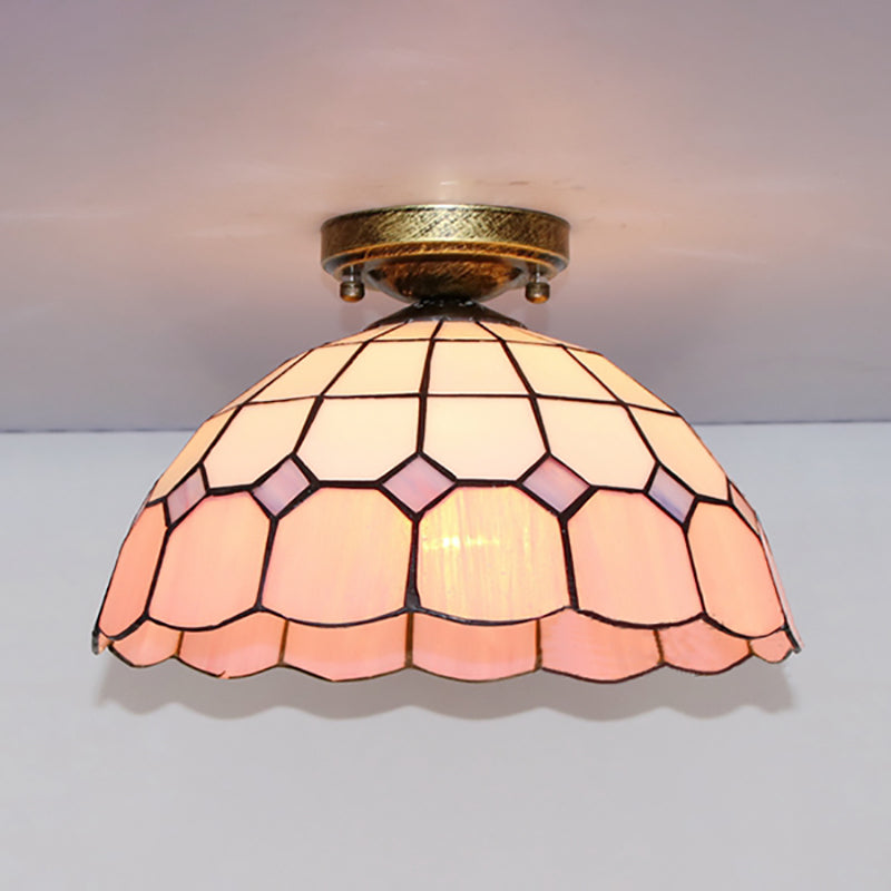 Plafonnier encastré en vitrail de style Tiffany avec motif de bol festonné