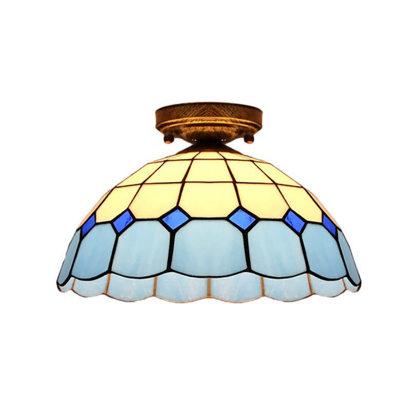Plafonnier encastré en vitrail de style Tiffany avec motif de bol festonné