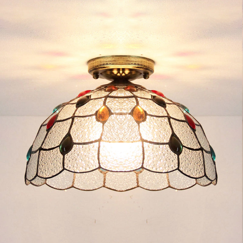 Plafonnier encastré en vitrail de style Tiffany avec motif de bol festonné