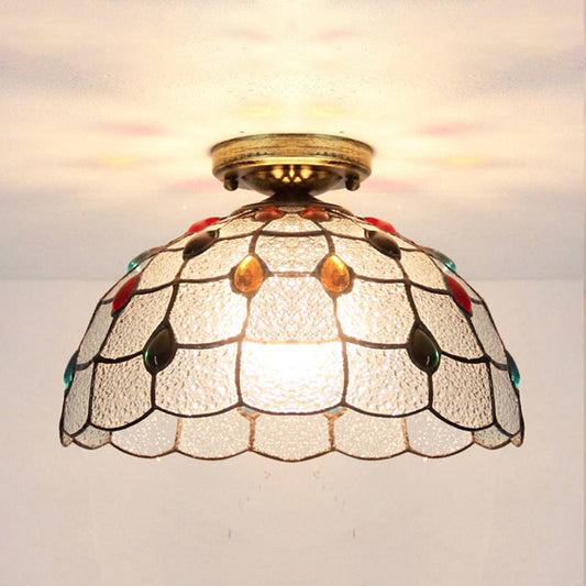 Tiffany Style Stained Glass Flush Ceiling Light with Scalloped Bowl Design