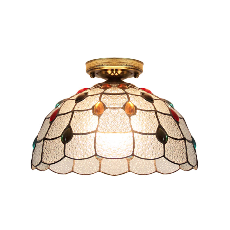 Plafonnier encastré en vitrail de style Tiffany avec motif de bol festonné