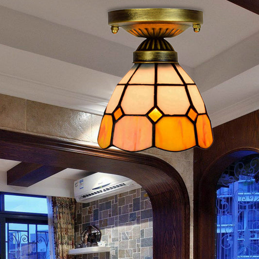 Orange Art Glass Ceiling Lamp - Tiffany Style Grid Bowl Mount for Bathroom - 8"/6" Width