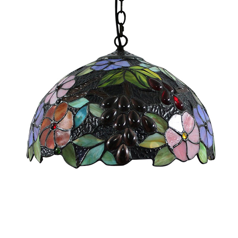 Suspension en verre teinté noir à motif floral victorien avec chaîne en métal réglable