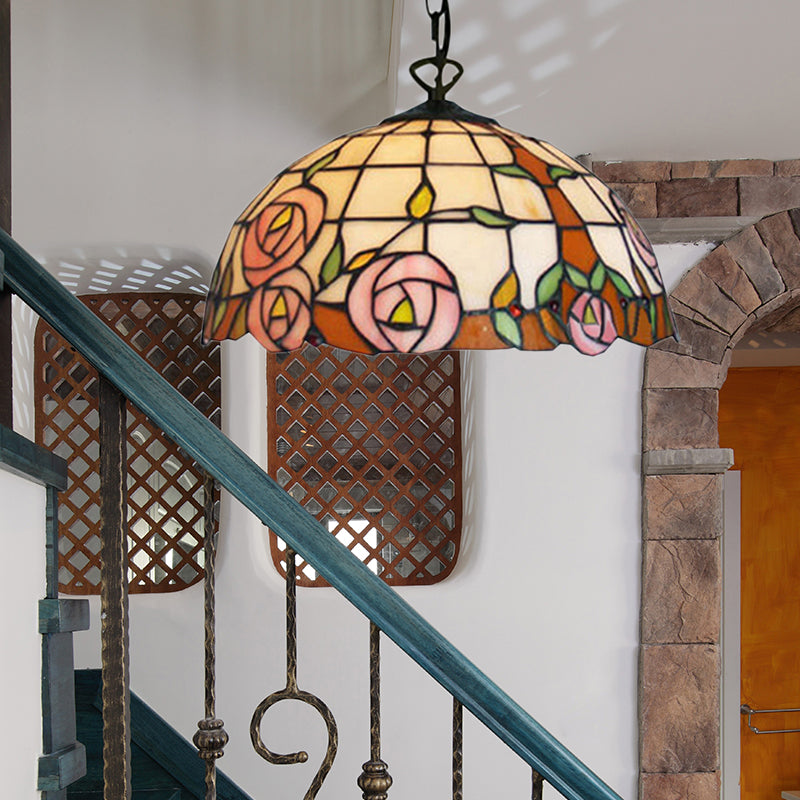 Suspension Tiffany en verre taillé à la main beige - Motif floral