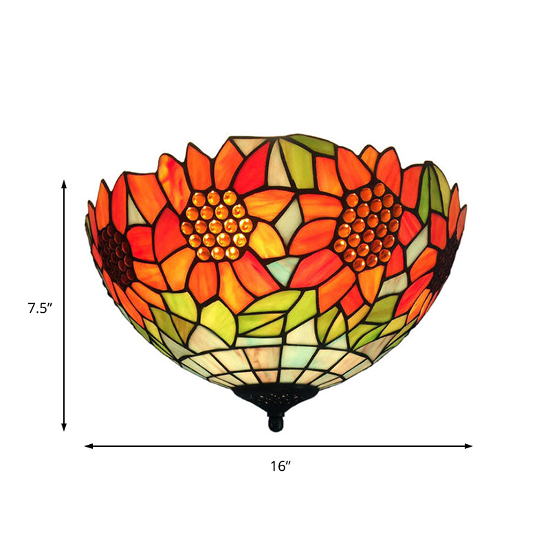 Rustic Sunflower Stained Glass Flush Mount Light in Orange for Dining Room