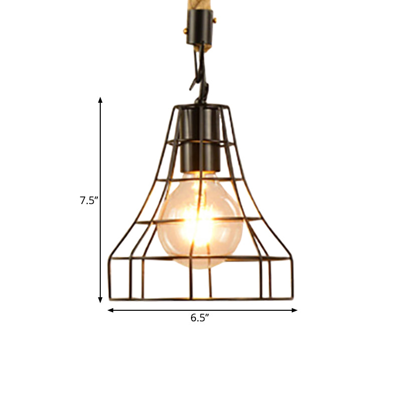 Metal & Rope Hanging Farmhouse Pendant Lamp - Black Globe/Cylinder/Barrel Cage - Dining Room Lighting