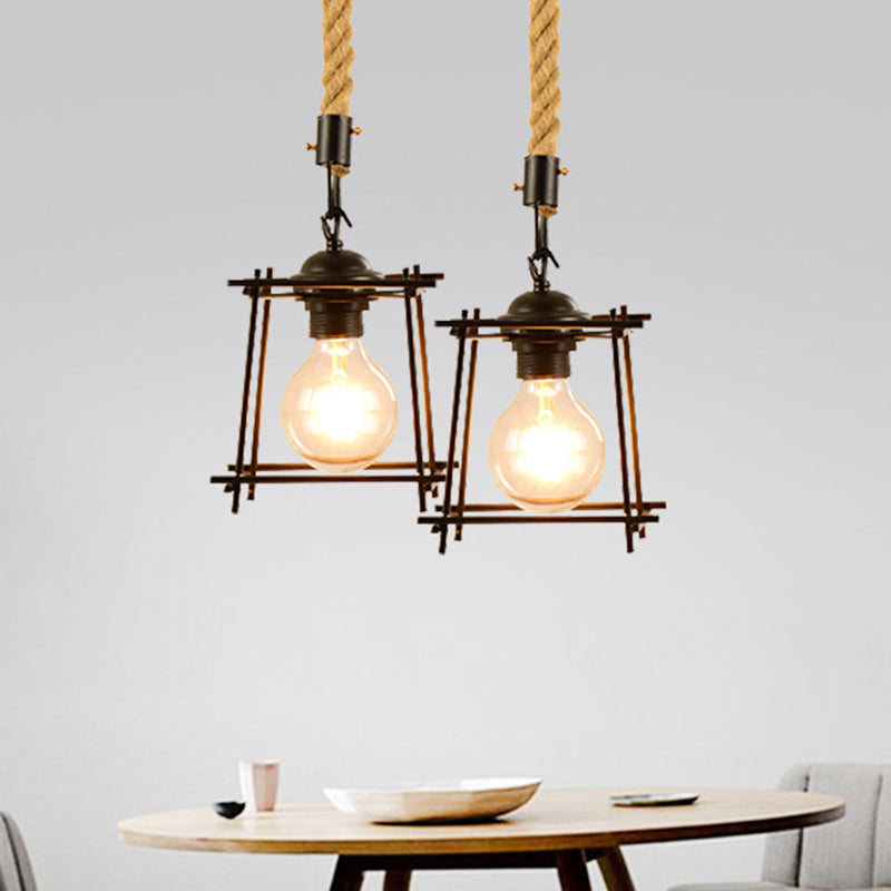 Suspension en métal et corde de style vintage avec cage en fil de fer noir et abat-jour cylindrique/carré