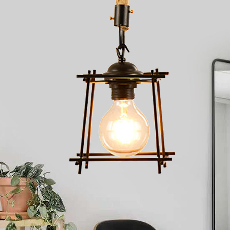 Suspension en métal et corde de style vintage avec cage en fil de fer noir et abat-jour cylindrique/carré