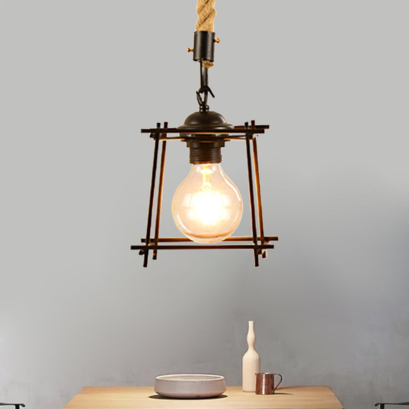 Suspension en métal et corde de style vintage avec cage en fil de fer noir et abat-jour cylindrique/carré