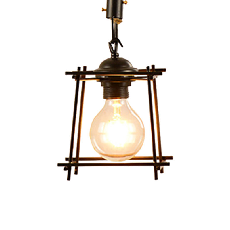 Suspension en métal et corde de style vintage avec cage en fil de fer noir et abat-jour cylindrique/carré