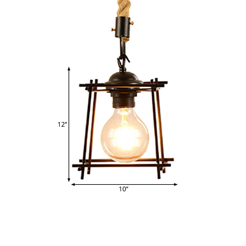 Suspension en métal et corde de style vintage avec cage en fil de fer noir et abat-jour cylindrique/carré
