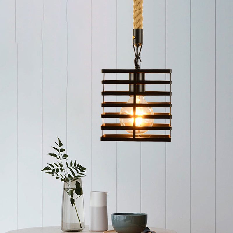 Suspension en métal et corde de style vintage avec cage en fil de fer noir et abat-jour cylindrique/carré