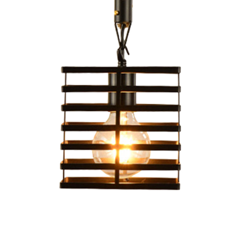 Suspension en métal et corde de style vintage avec cage en fil de fer noir et abat-jour cylindrique/carré