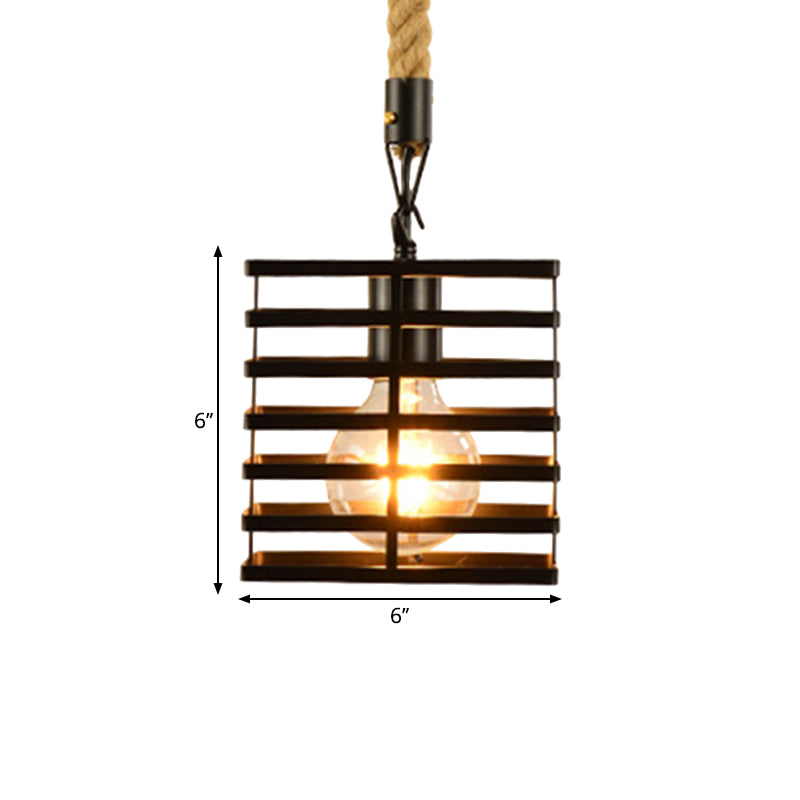 Suspension en métal et corde de style vintage avec cage en fil de fer noir et abat-jour cylindrique/carré