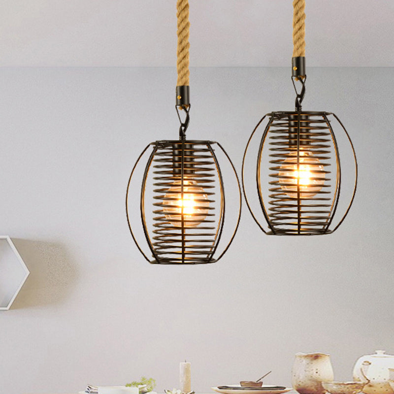 Suspension en métal et corde de style vintage avec cage en fil de fer noir et abat-jour cylindrique/carré