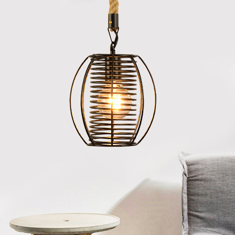 Suspension en métal et corde de style vintage avec cage en fil de fer noir et abat-jour cylindrique/carré