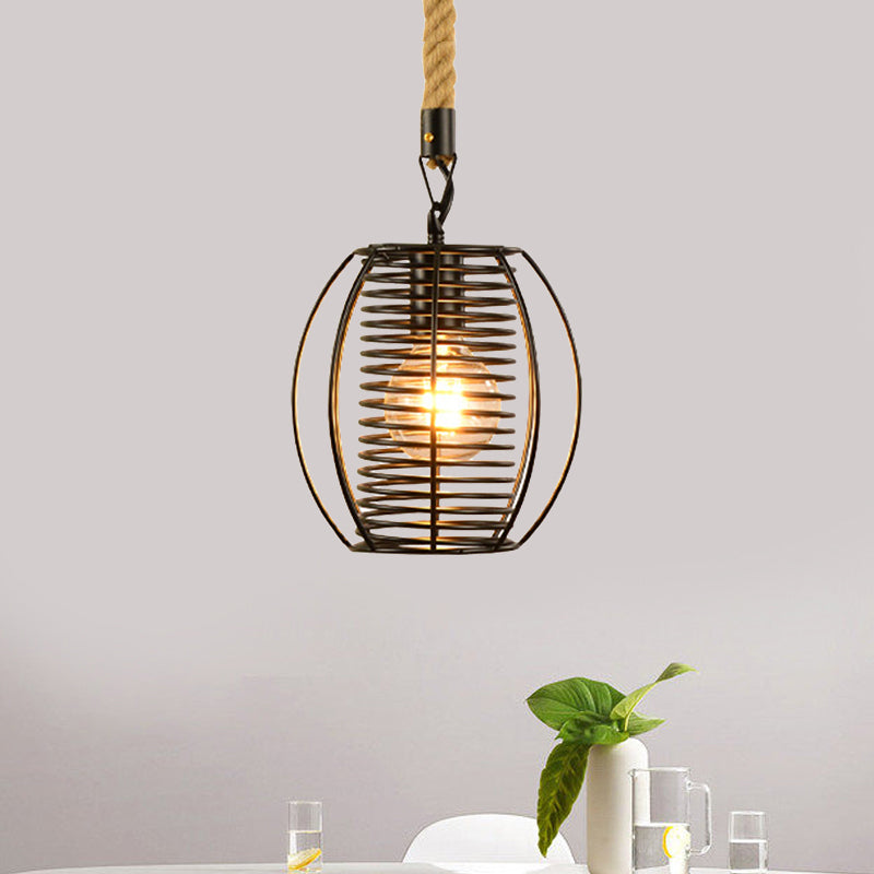 Suspension en métal et corde de style vintage avec cage en fil de fer noir et abat-jour cylindrique/carré