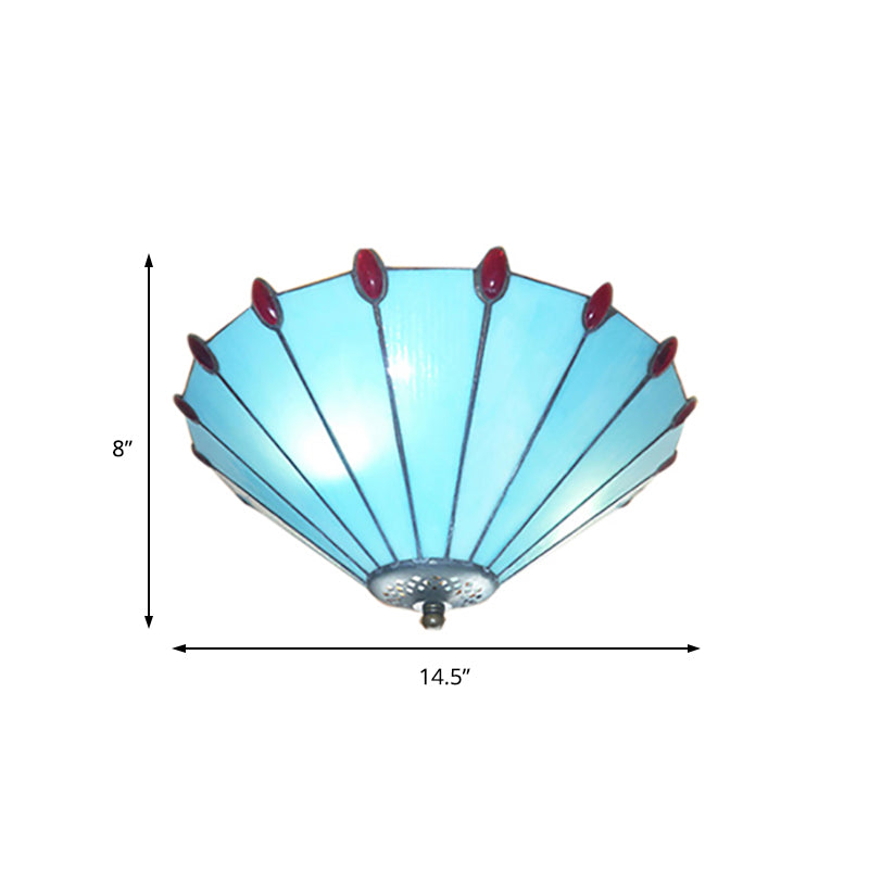 Blue Tiffany Style Cone Ceiling Lamp - Art Glass Finish Flush Ceiling Light for Dining Room