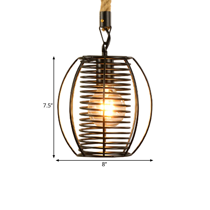 Suspension en métal et corde de style vintage avec cage en fil de fer noir et abat-jour cylindrique/carré
