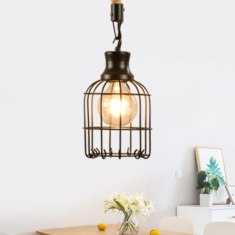 Suspension en métal et corde de style vintage avec cage en fil de fer noir et abat-jour cylindrique/carré
