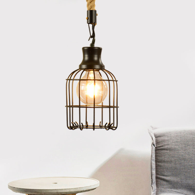 Suspension en métal et corde de style vintage avec cage en fil de fer noir et abat-jour cylindrique/carré